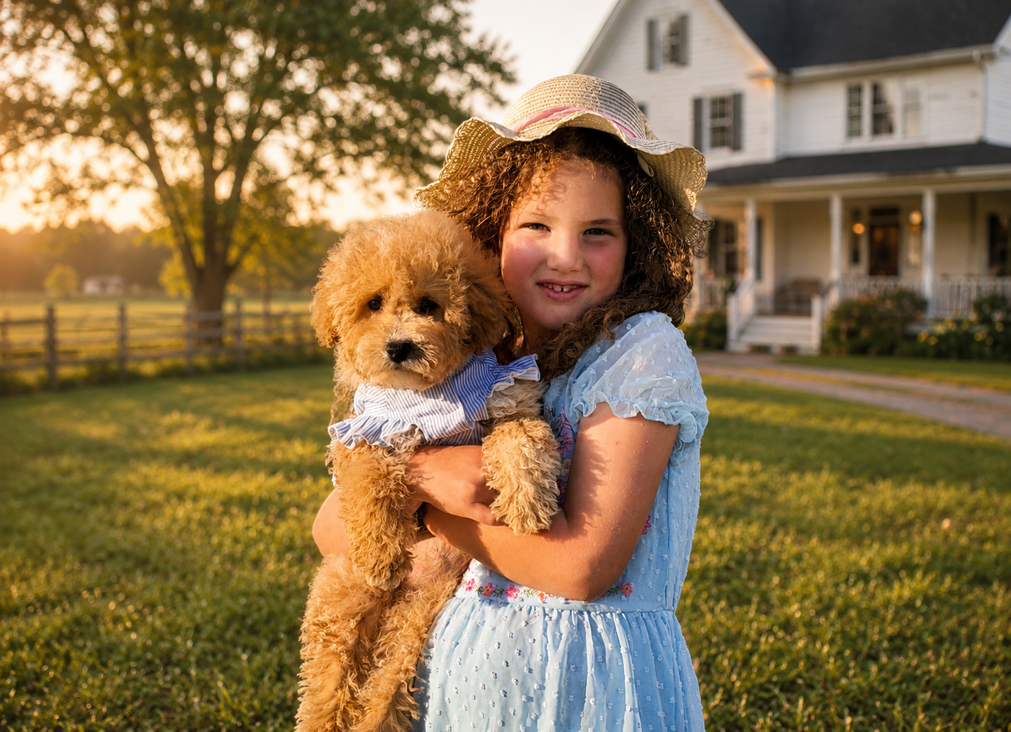 A red-golden doodle puppy sitting on a cozy bed beside a small teddy bear.